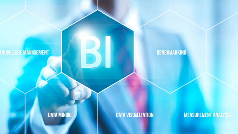 Business person touching Business Intelligence icon