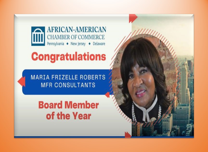 Headshot of Maria Roberts with Congratulations message for 'Board Member of the Year 2021'